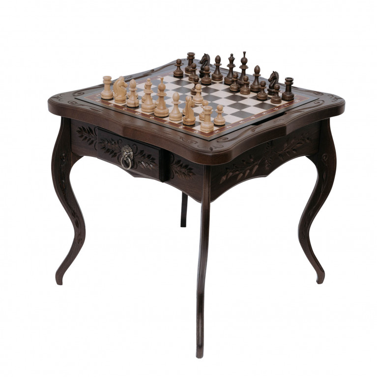 Sakkasztal "Napoleon" , tömör bükkfából, művészi faragással, kombinálva (Sakk/Backgammon/Kávé)